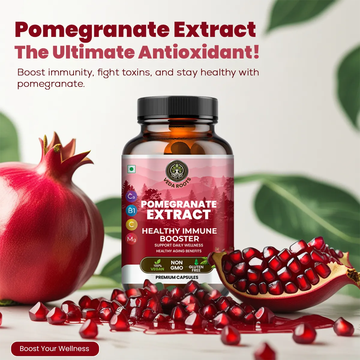 Pomegranate extract supplement bottle with pomegranate fruits on a light background
