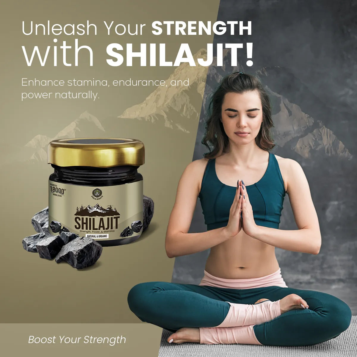 Person meditating with Shilajit product and text about strength and endurance on a mountainous background