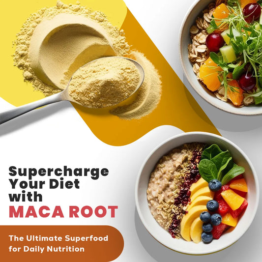 Maca root powder with a bowl of fruit and salad on a yellow and white background.
