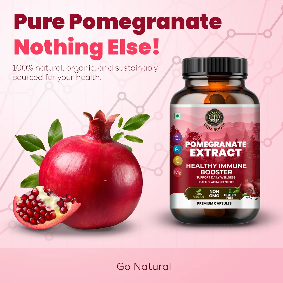 Pomegranate extract supplement bottle with pomegranate fruit on a pink background