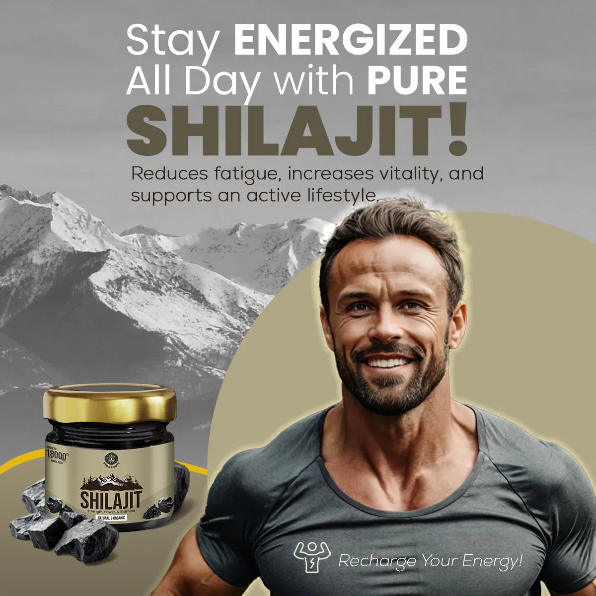 Advertisement for pure shilajit with a man and mountain background