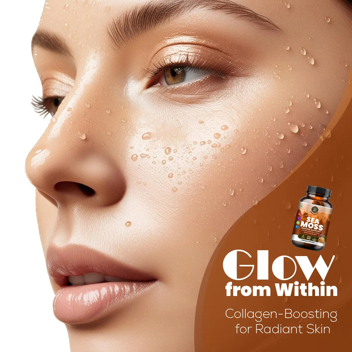 Close-up of a woman's face with a bottle labeled 'Sia Moss' on a brown background, promoting collagen-boosting for radiant skin.