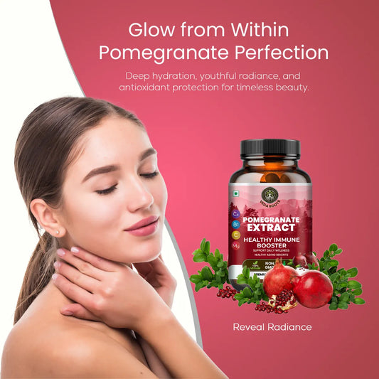 Woman with glowing skin next to a bottle of pomegranate extract supplement on a pink background