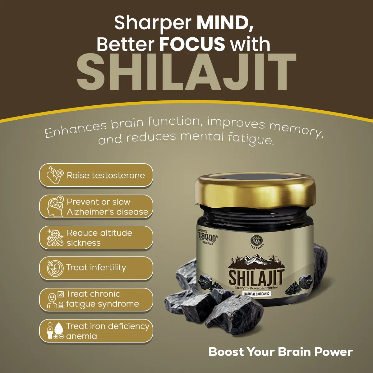 Advertisement for Shilajit with benefits listed on a brown background