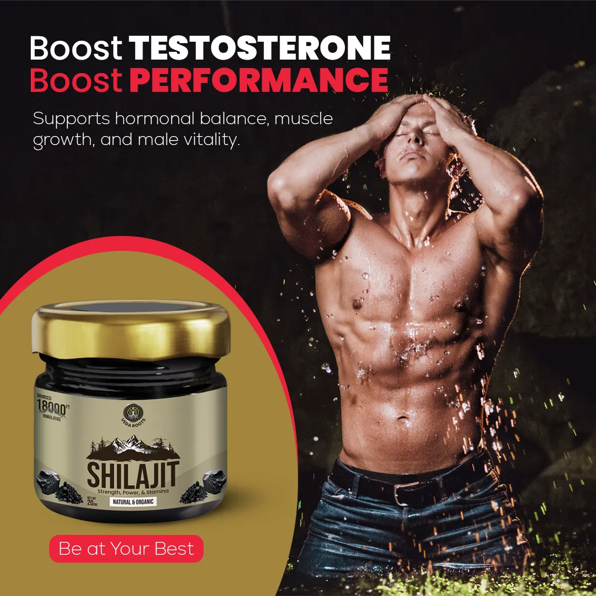 Shilajit product with a muscular man and promotional text on a dark background