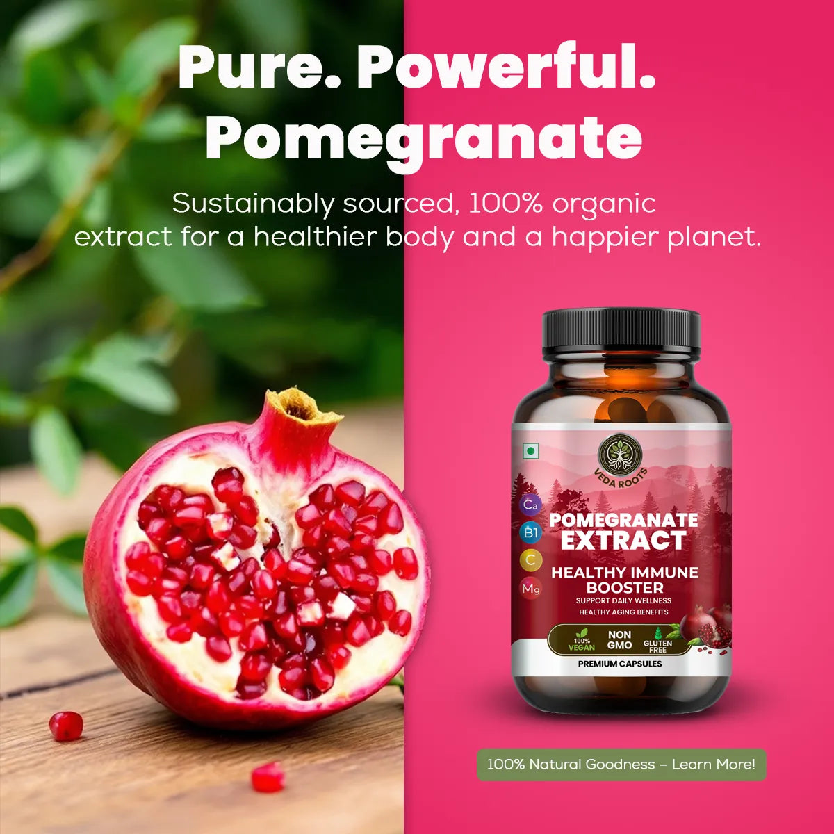 Pomegranate extract supplement bottle with pomegranate fruit on a pink background