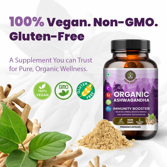 Veda Roots Organic Ashwagandha supplement bottle with ingredients and certification icons on a white background