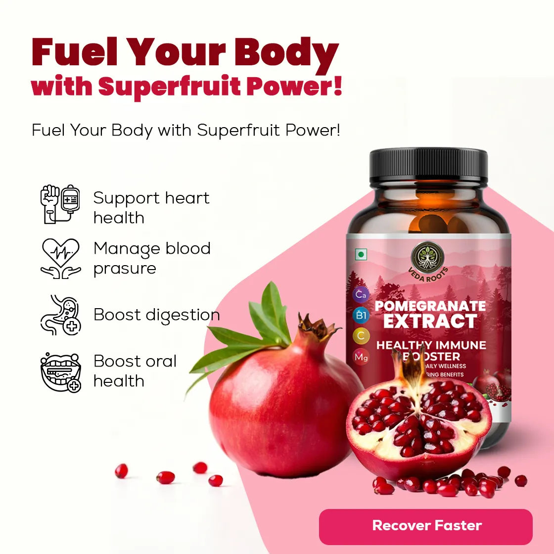 Pomegranate extract supplement bottle with pomegranate and text on a pink background