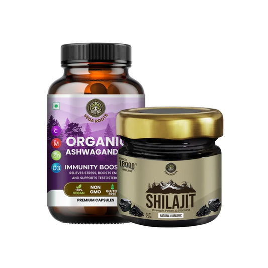 Two health products, a bottle labeled 'Organic Ashwagandha' and a jar labeled 'Shilajit', on a white background.