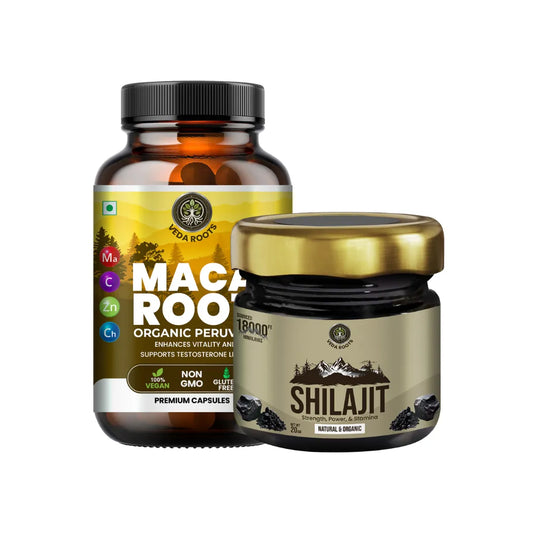 Two health supplement products, a bottle labeled 'Maca Root' and a jar labeled 'Shilajit', on a white background.