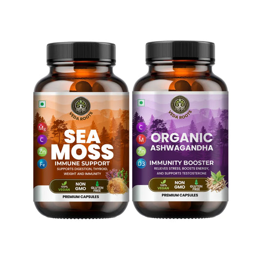 Two supplement bottles labeled 'Sea Moss' and 'Organic Ashwagandha' on a white background.