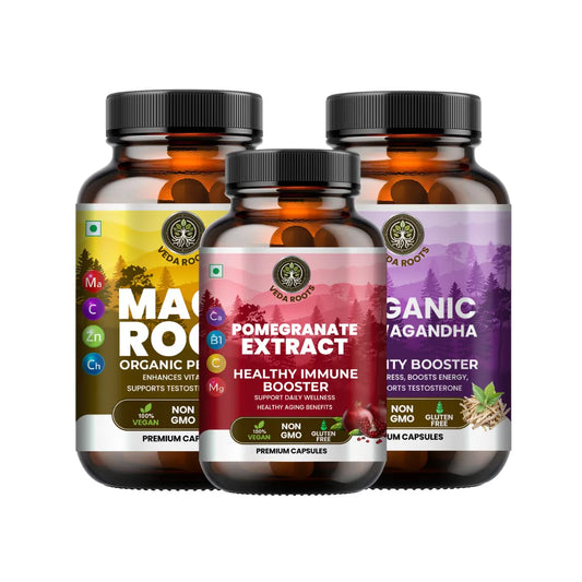 Three bottles of Veda Roots supplements on a white background