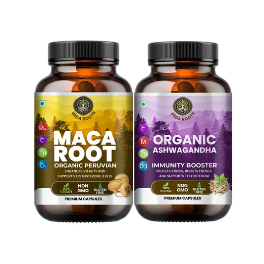 Two bottles of maca root and ashwagandha supplements on a white background