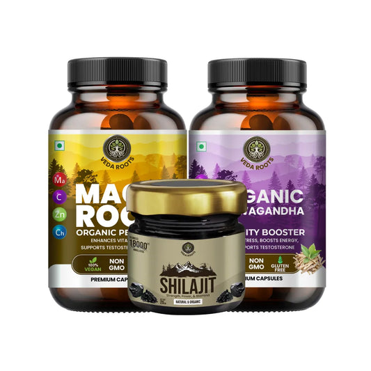 Three health supplement bottles labeled 'Maca Root', 'Shilajit', and 'Organic Ashwagandha' on a white background.