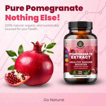 Pomegranate extract supplement bottle with pomegranate fruit on a pink background