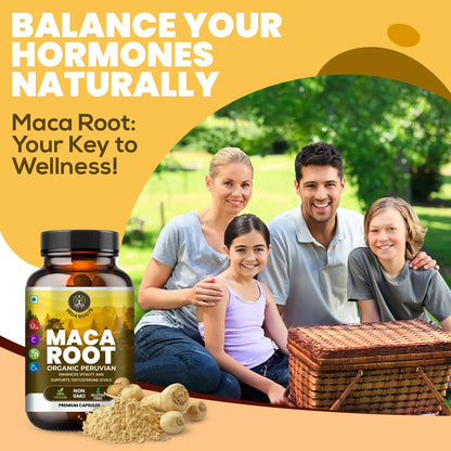 Maca root supplement bottle with a family at a picnic, promoting natural hormone balance.