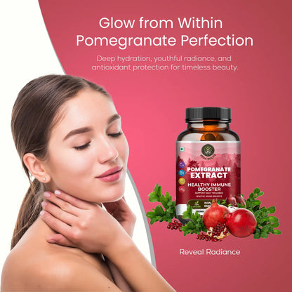 Woman with glowing skin next to a bottle of pomegranate extract supplement on a pink background
