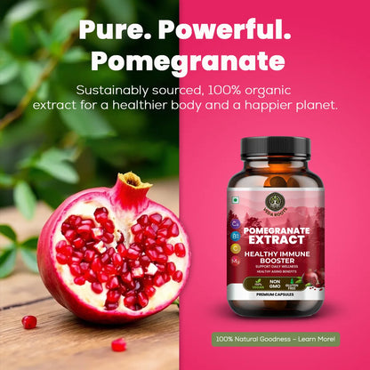 Pomegranate extract supplement bottle with pomegranate fruit on a pink background