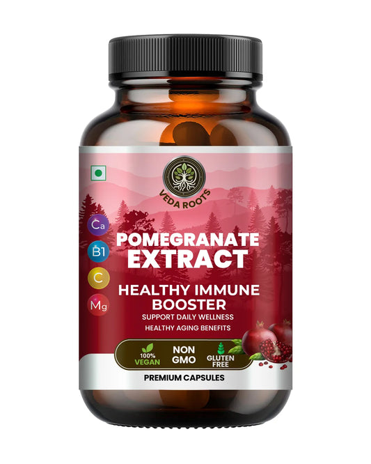 Bottle of Pomegranate Extract capsules with a red label on a white background