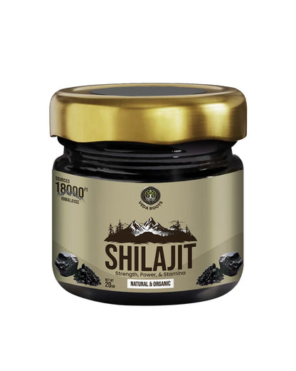 Jar of Shilajit with gold lid on a white background