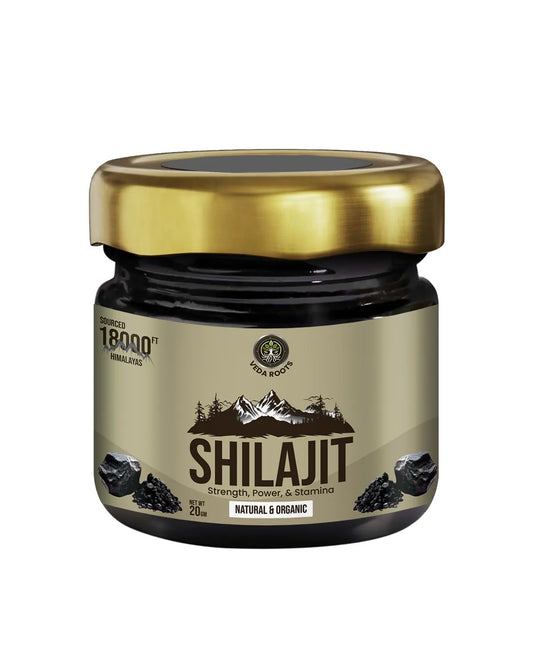 Jar of Shilajit with gold lid on a white background
